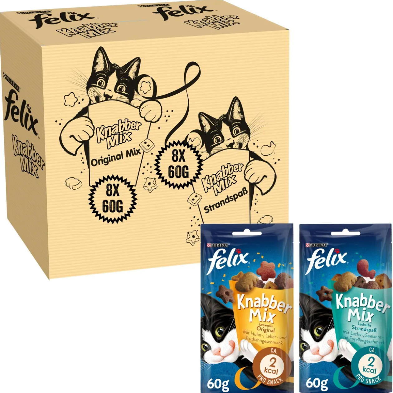 Felix Party Mix Friandises pour chat Original & Strandspaß friandises pour chat 2 x 8 sachets de 60 g