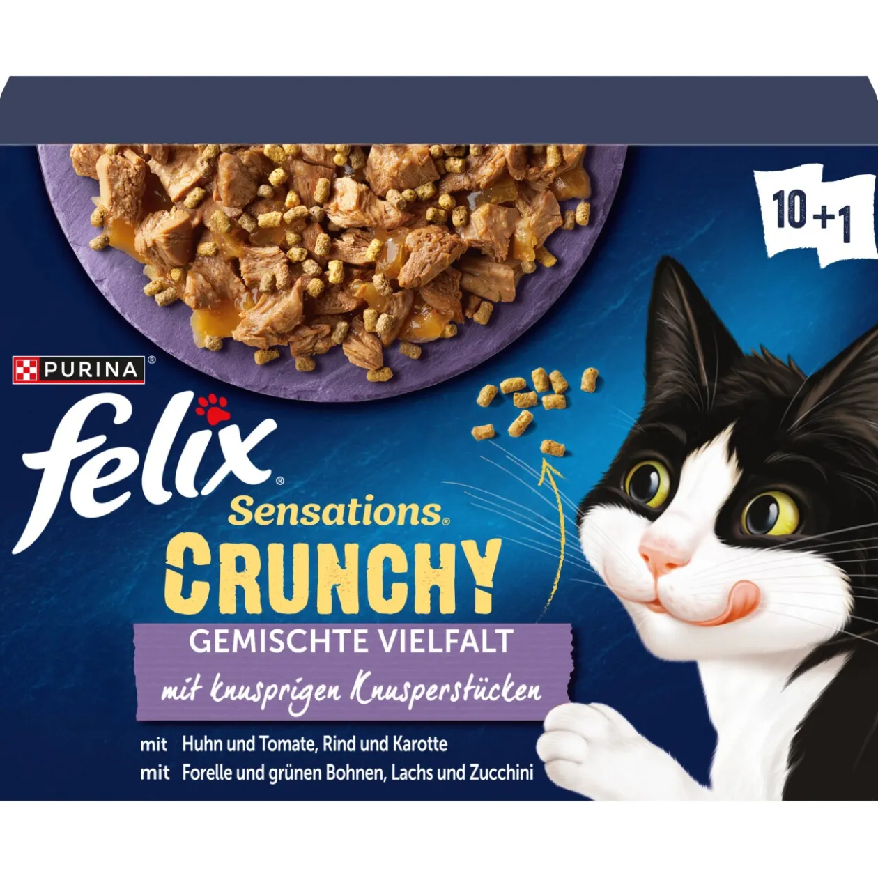Felix Sensations Crunchy 10 x 85 g + 40 g de bouchées croustillantes Variété de saveurs aux légumes