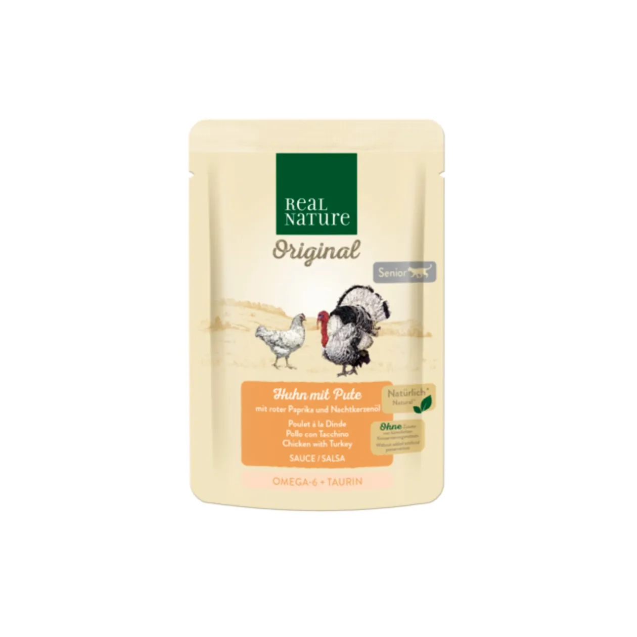 REAL NATURE Original nourriture humide pour chat, Senior 12x85 g Poulet, dinde, poivron rouge, huile d’onagre, En sauce