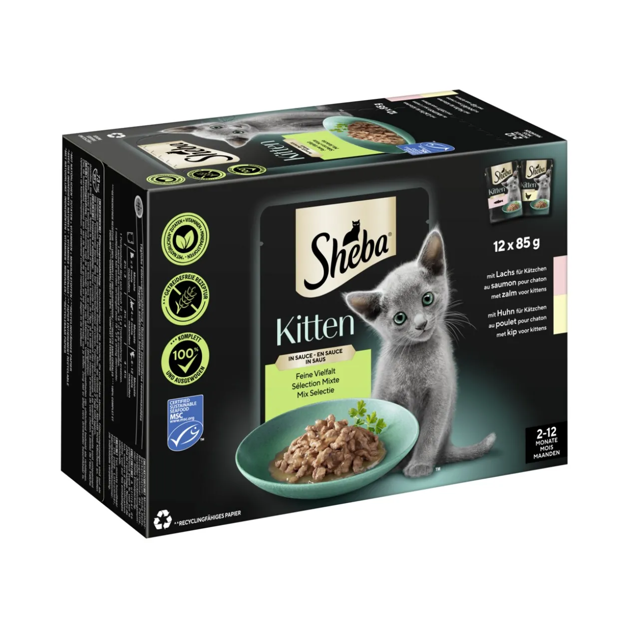 Sheba Multipack Kitten en sauce et fine variété au saumon, au poulet MSC 12 x 85 g